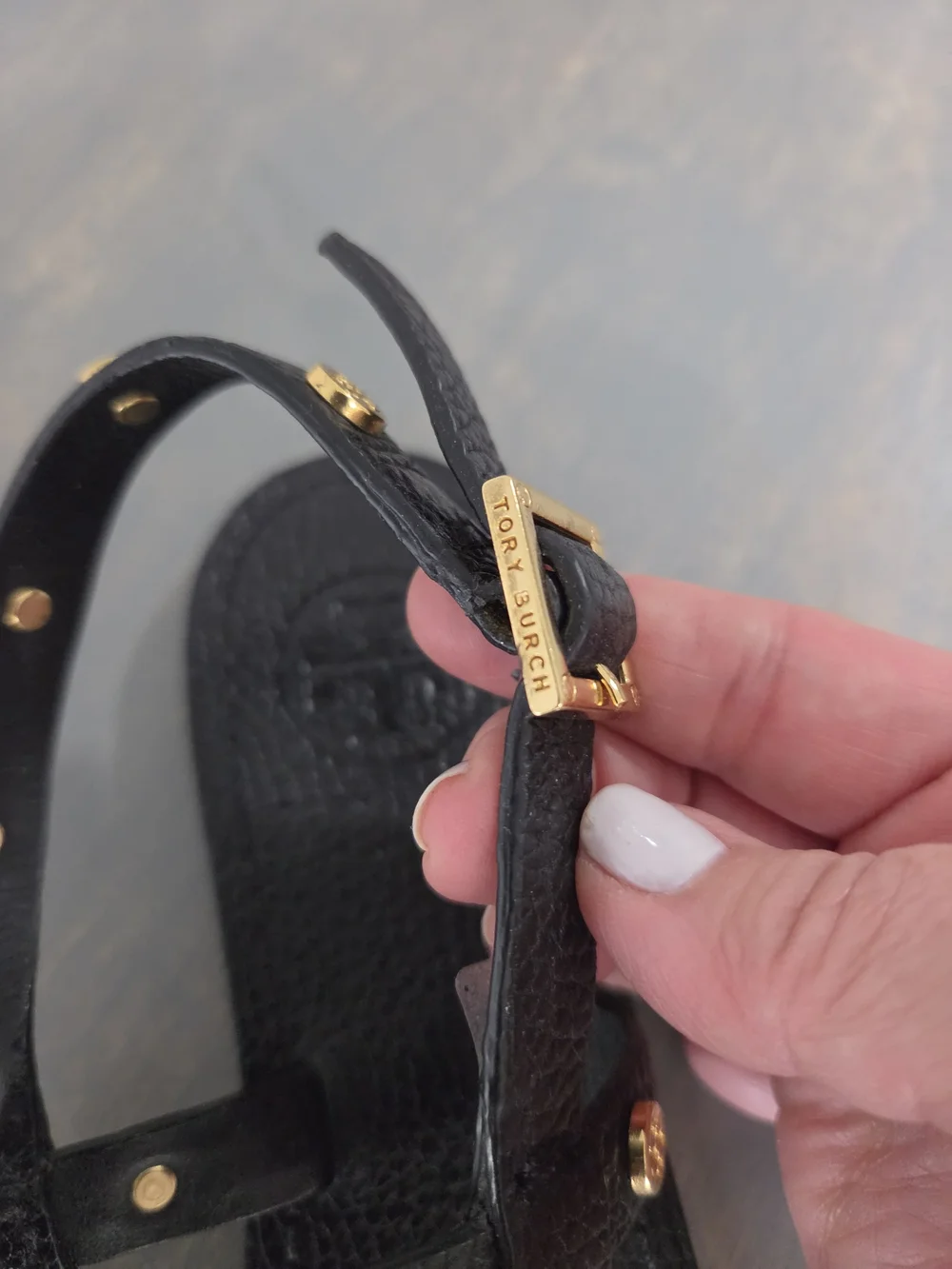 Tory BURCH Black Leather T-Strap Sandals with Gold Studs